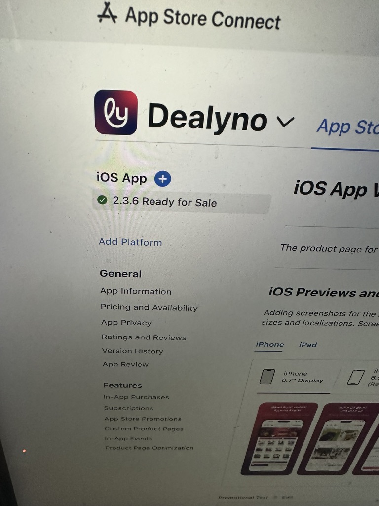 App Store Connect zeigt Dealyno 2.3.6 mit dem Status Ready for Sale